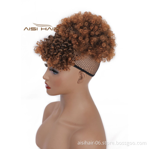Aisi Hair New Design Kinky Curly Puff Brown Color Hair Bun With Bangs Afro Short Curly Synthetic Hair Extension For Black Women